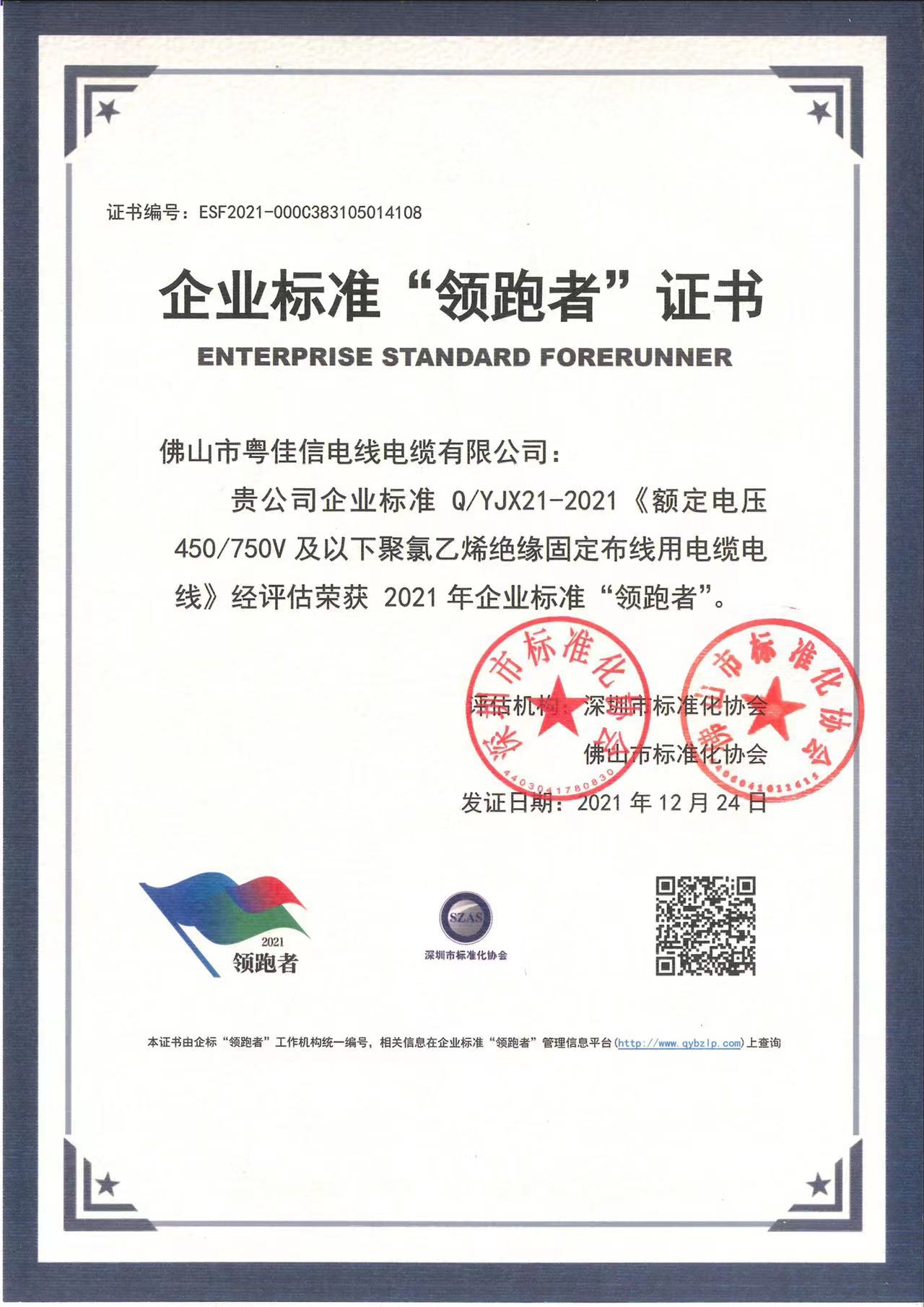 企業(yè)標準“領(lǐng)跑者”證書